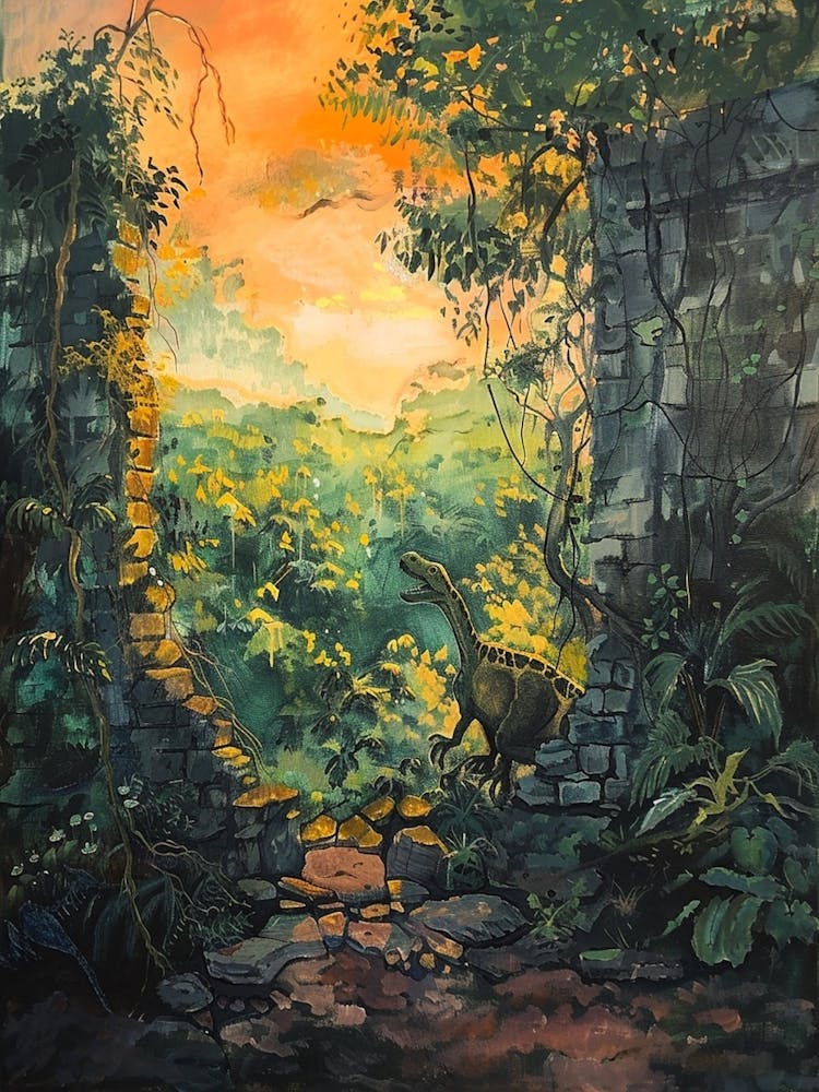 Dinosaur By An Abandoned Wall Covered In Vines Painting