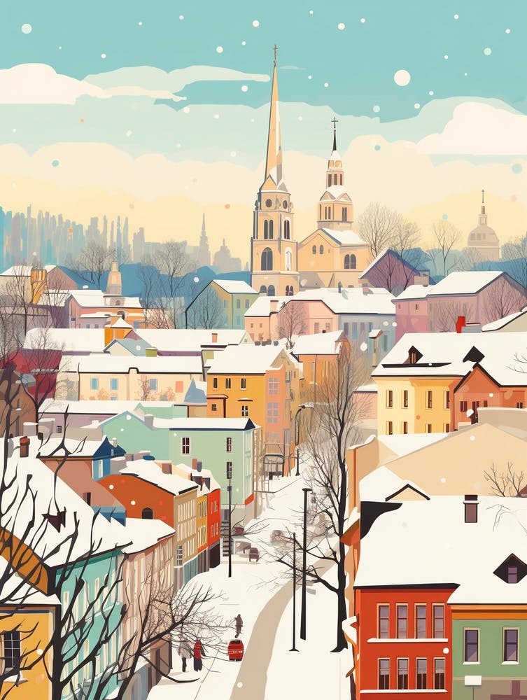 Vintage Winter Travel Illustration Vilnius Lithuania 1