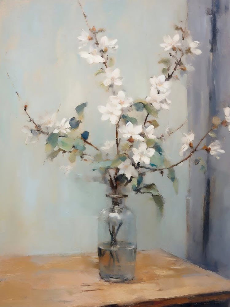 Flower Vase Still Life Painting, Vintage Kitchen Print, Neutral Flowers Oil Painting, Farmhouse Printable Decor, Antique Still Life Painting