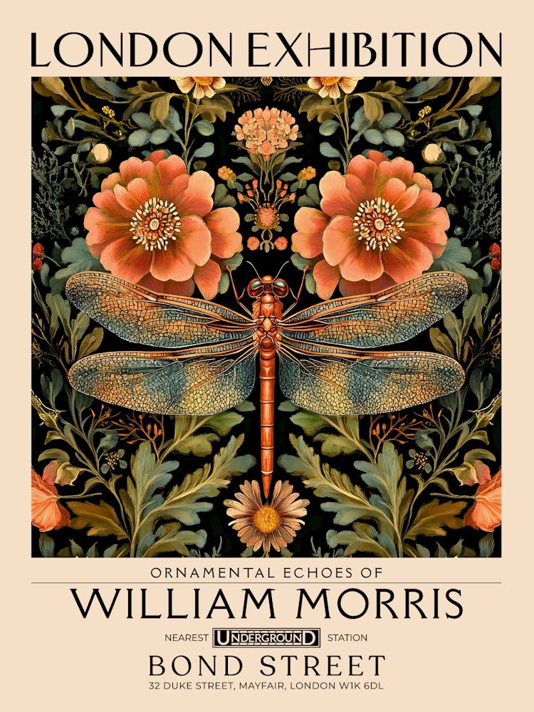William Morris Dragonfly and floral artwork, insect and flower pattern vintage Botanical print for cottagecore, maximalist decor,floral tapestry Victorian nature illustration bedroom vintage decor 3