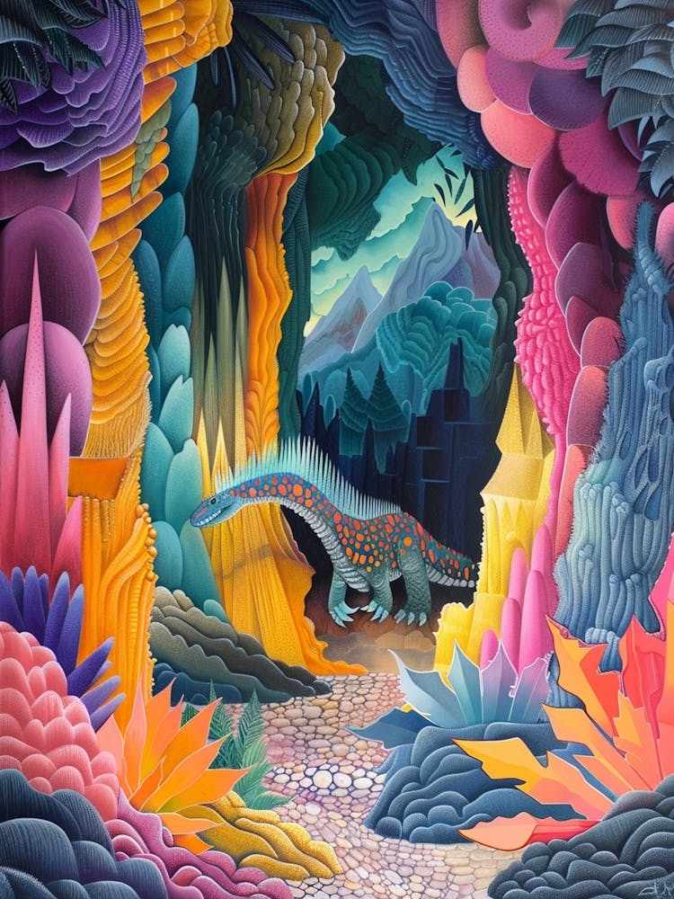 Dinosaur In The Colourful Cave Painting 2