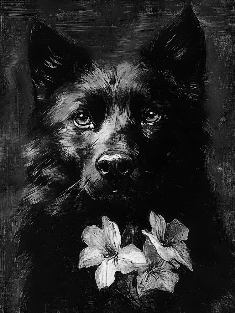 Black Dog With Flowers