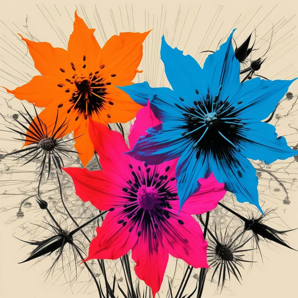 Andy Warhol Style Pop Art Flowers Love In A Mist Nigella 4 Square