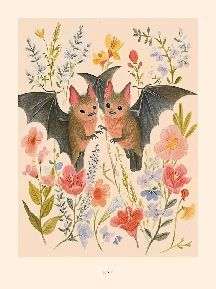 Folksy Floral Animal Drawing Bat Poster