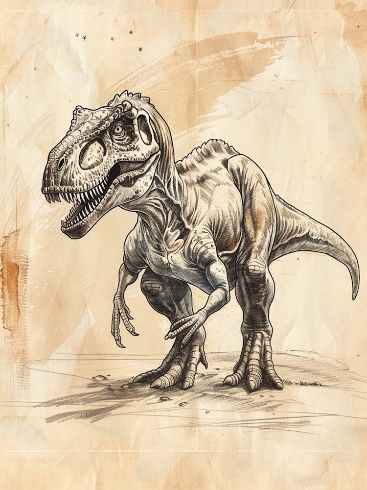 Allosaurus Dinosaur Black Ink & Sepia Illustration 4