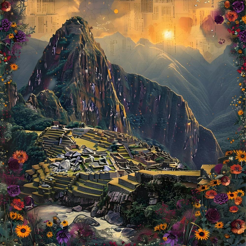 Machu Picchu, with flowers, retro collage