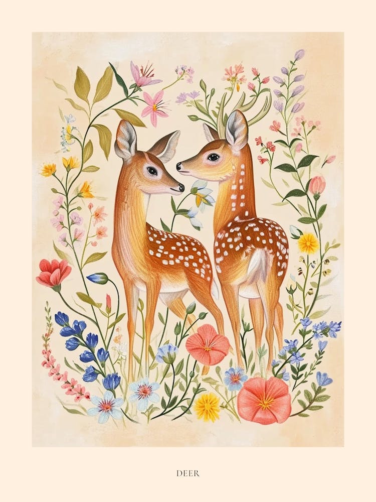 Folksy Floral Animal Drawing Deer 4 Poster