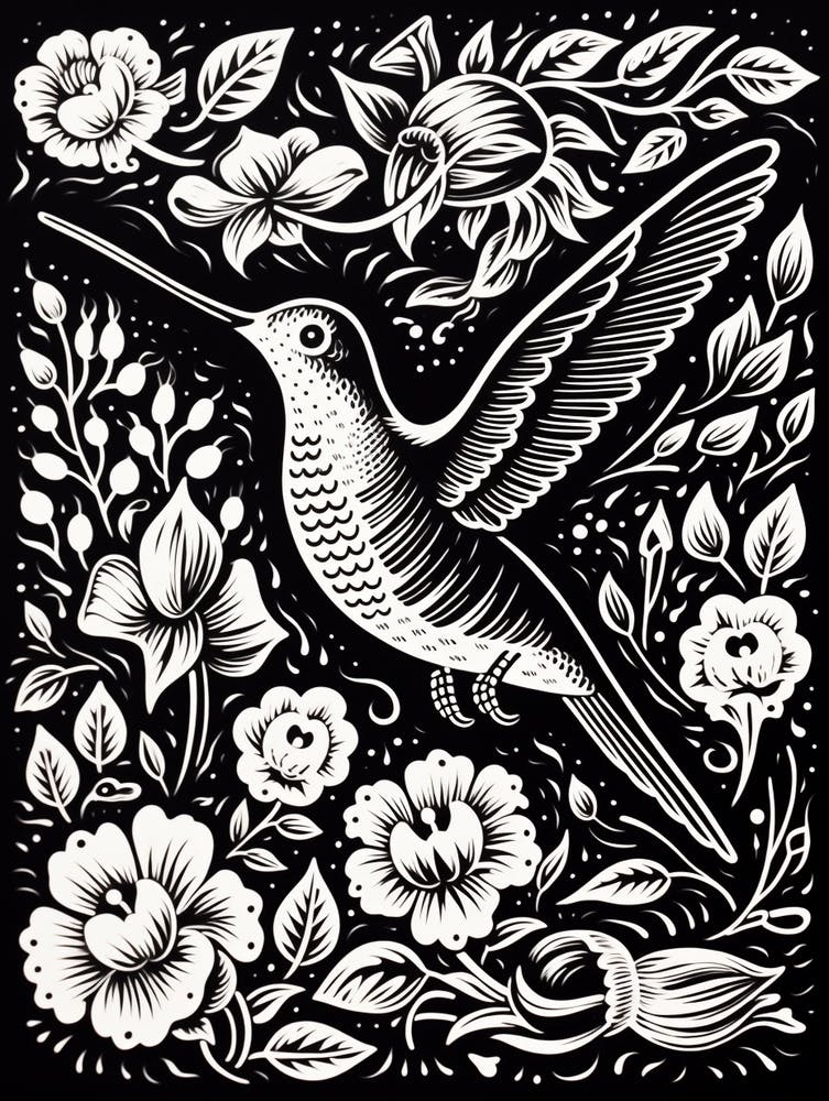 B&W Bird Linocut Hummingbird 3