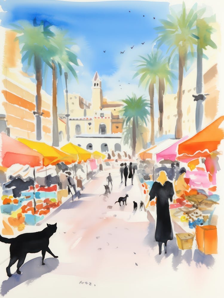 Food Market With Cats In Malaga 3 Watercolour