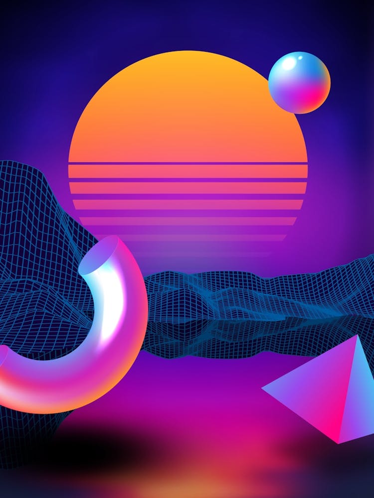 Neon sunset, geometric figures [synthwave/vaporwave/cyberpunk] — aesthetic neon retrowave poster