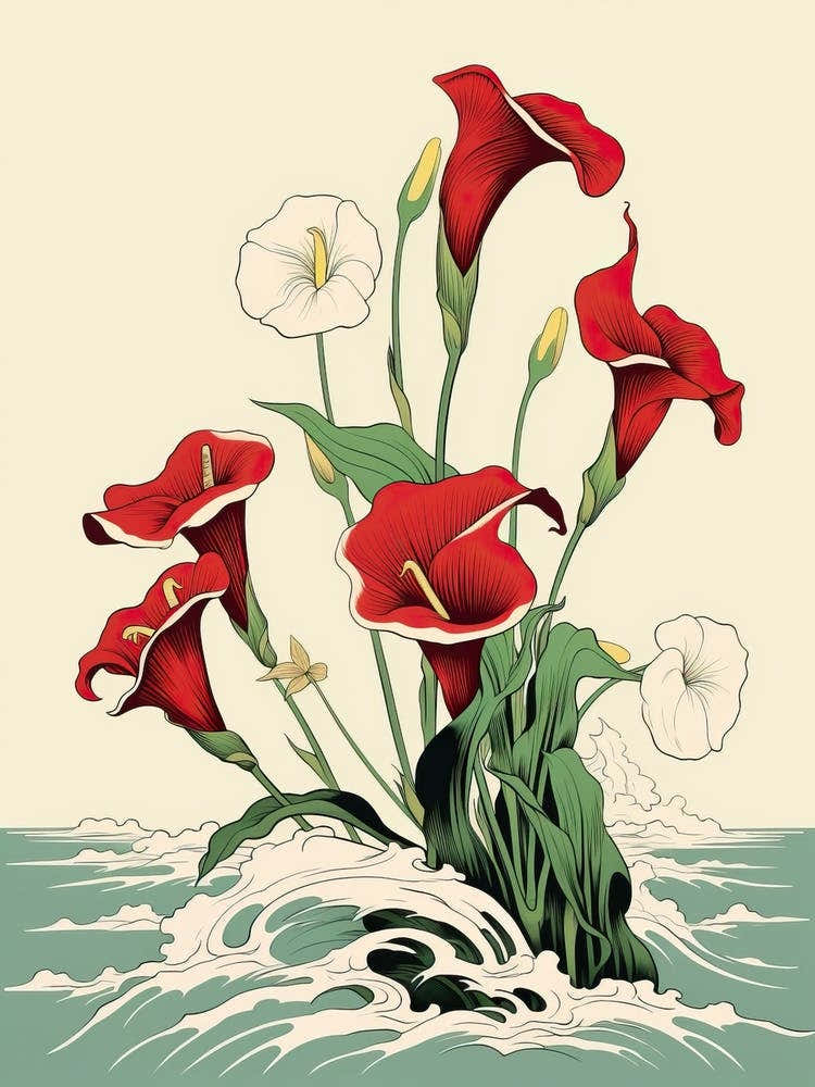 Great Wave With Calla Lily Flower Drawing In The Style Of Ukiyo E 1