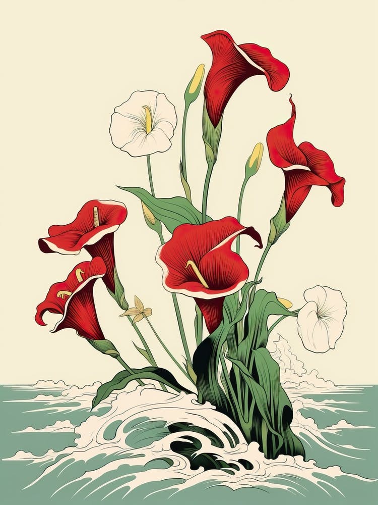 Great Wave With Calla Lily Flower Drawing In The Style Of Ukiyo E 1