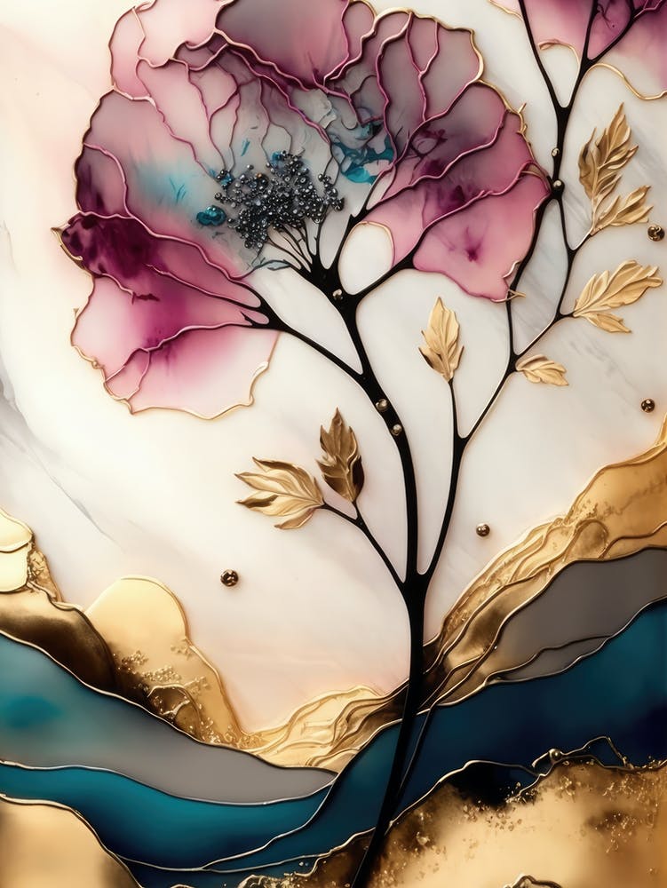 Painting Flower With Gold Blue L