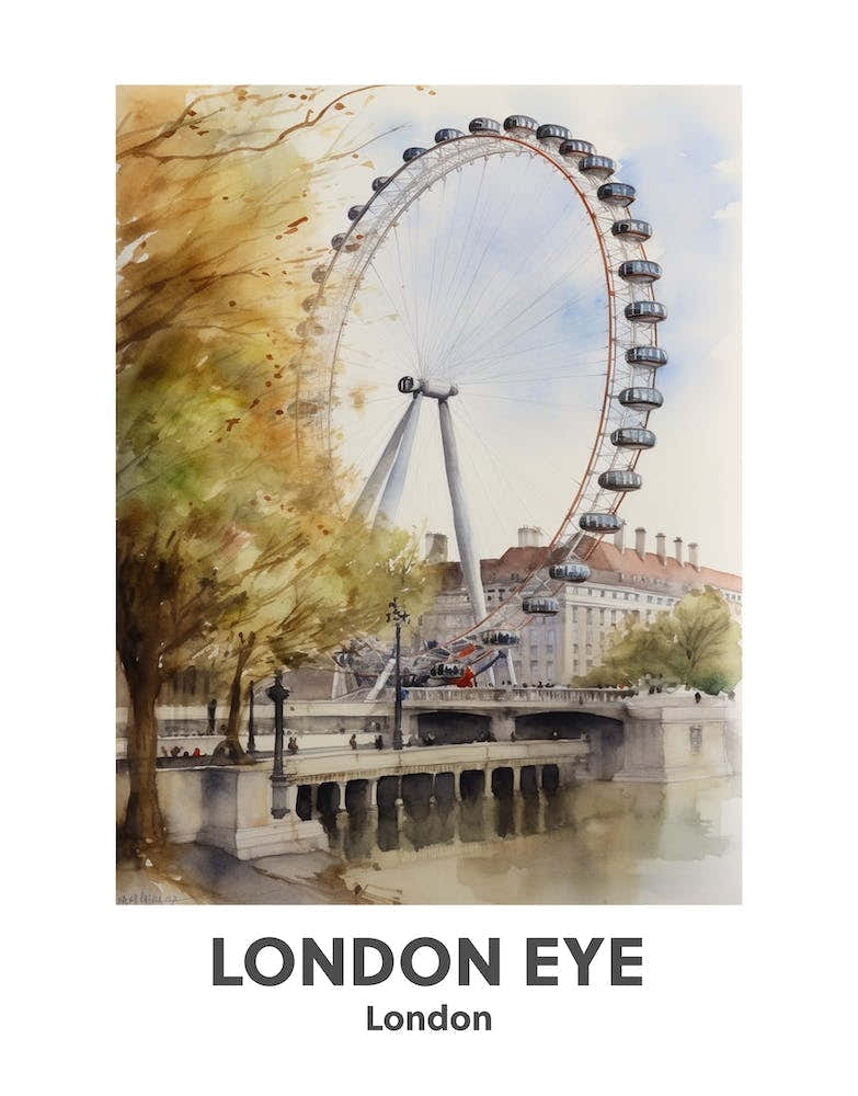 London Eye, London 3 Watercolour Travel Poster