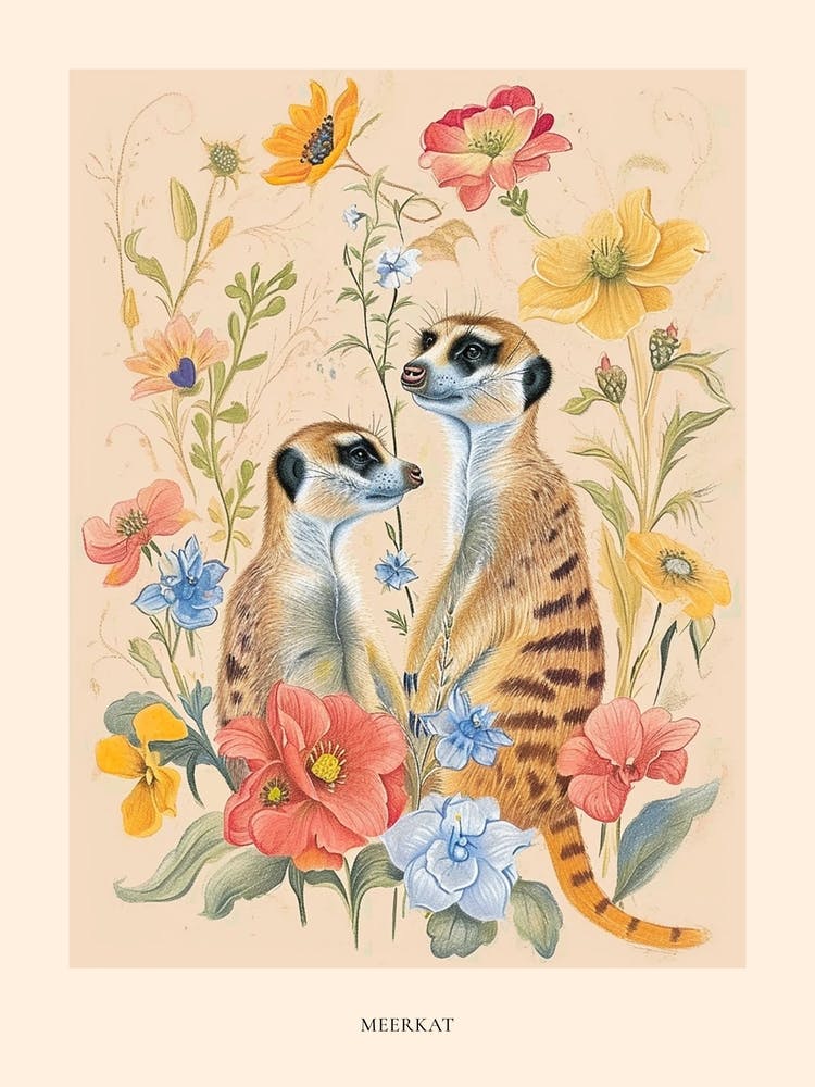 Folksy Floral Animal Drawing Meerkat 3 Poster
