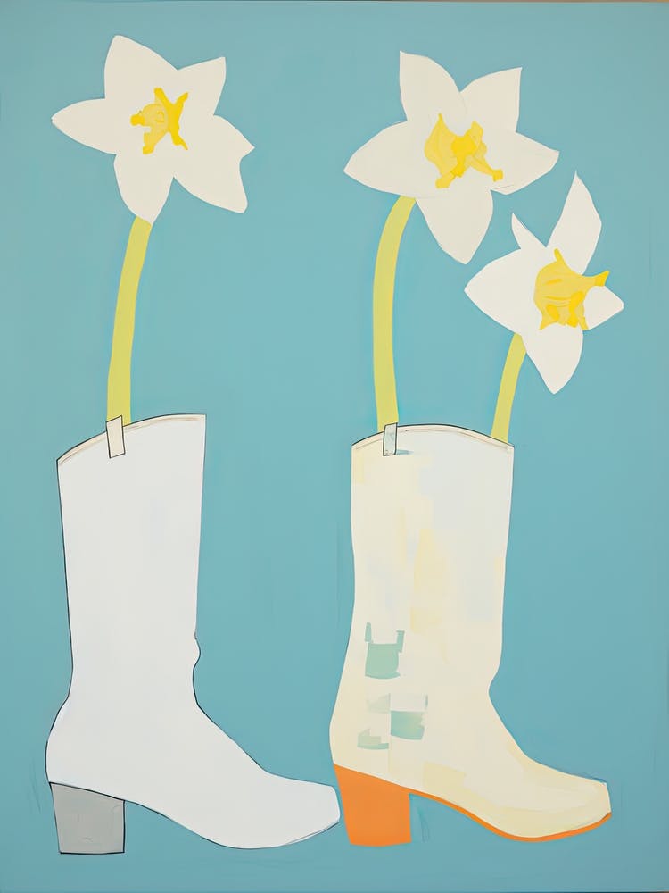 A Painting Of Cowboy Boots With Daffodil Flowers, Pop Art Style 6