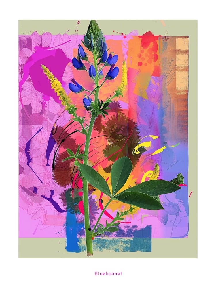 Bluebonnet 4 Neon Flower Collage Poster