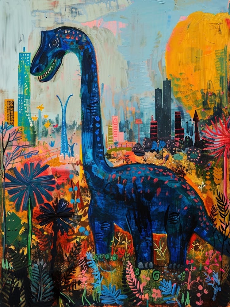 Dinosaur In The Flowers With A Cityscape In The Background