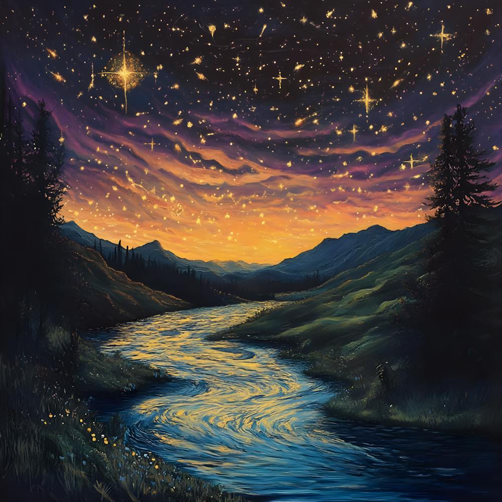 Starry Twilight River – Dreamy Landscape Wall Art Of Flowing Stream And Sunset Sky