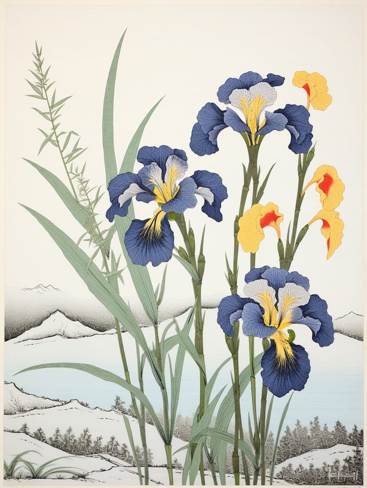 Hanashobu Japanese Water Iris 1 Vintage Botanical Woodblock