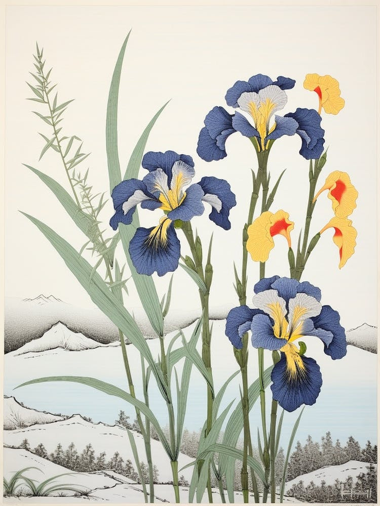 Hanashobu Japanese Water Iris 1 Vintage Botanical Woodblock