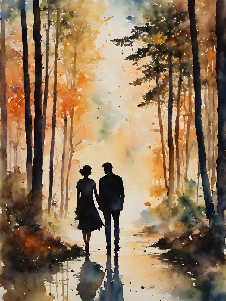 Romantic Couple Walking In The Woods- Autumn Forest Girlfriend Boyfriend Husband Wide Strolling Through Beautiful Botanical Trees as the Sunsets - Dreamy Wall Decor Just Newly Married or Dating Love Is In The Air Gallery Watercolor Painting Scenery Hearts As One