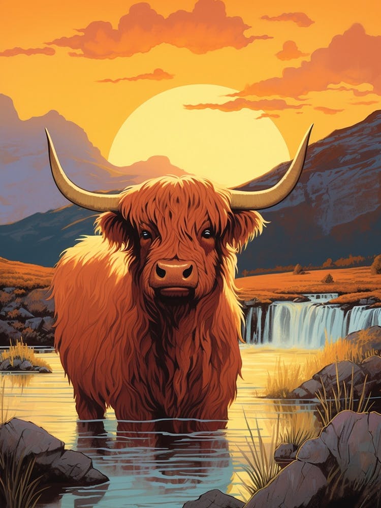 Brown Hairy Highland Cow In The Sunset 1