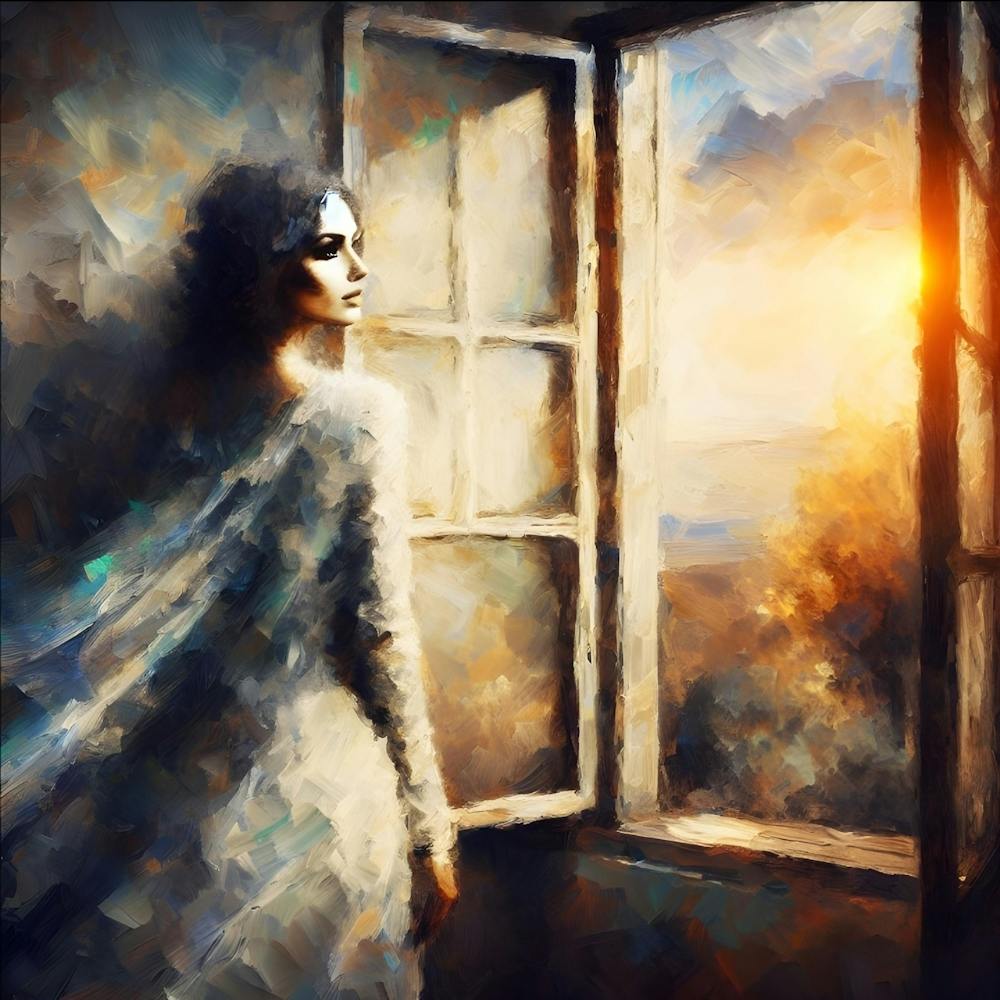 Window on the dawn with her
