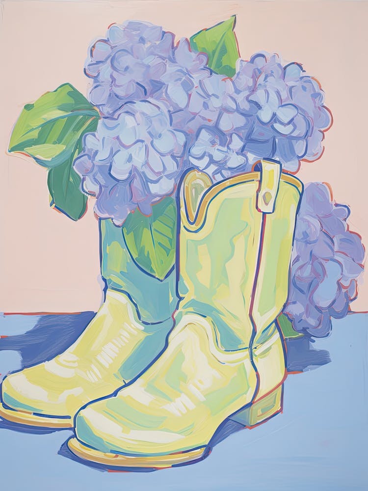 A Painting Of Cowboy Boots With Lilac Flowers, Fauvist Style, Still Life 1