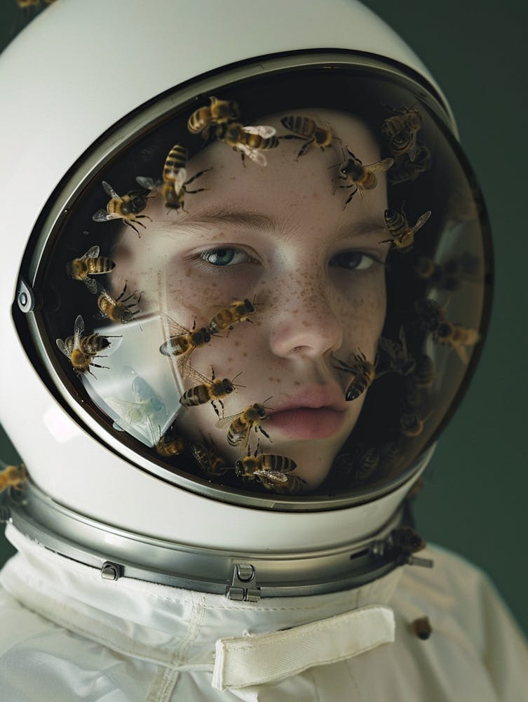 Ward Winning, Art Deco Photography By Petrina Hicks, Not From This World, Decaying Space, A Modern Boy In A Minimal Glossy White Space Suit With Space Helmet, Lots Of Bees All Over Her Face , Bees Are Only Inside The Helmet, Cannot S