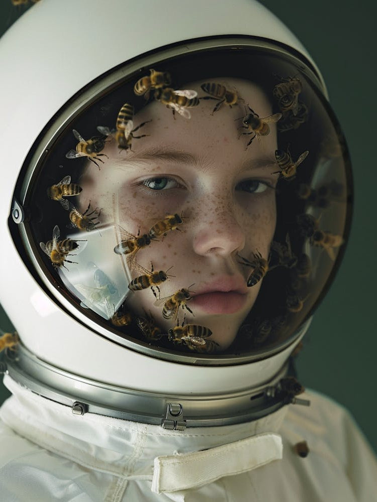 Ward Winning, Art Deco Photography By Petrina Hicks, Not From This World, Decaying Space, A Modern Boy In A Minimal Glossy White Space Suit With Space Helmet, Lots Of Bees All Over Her Face , Bees Are Only Inside The Helmet, Cannot S