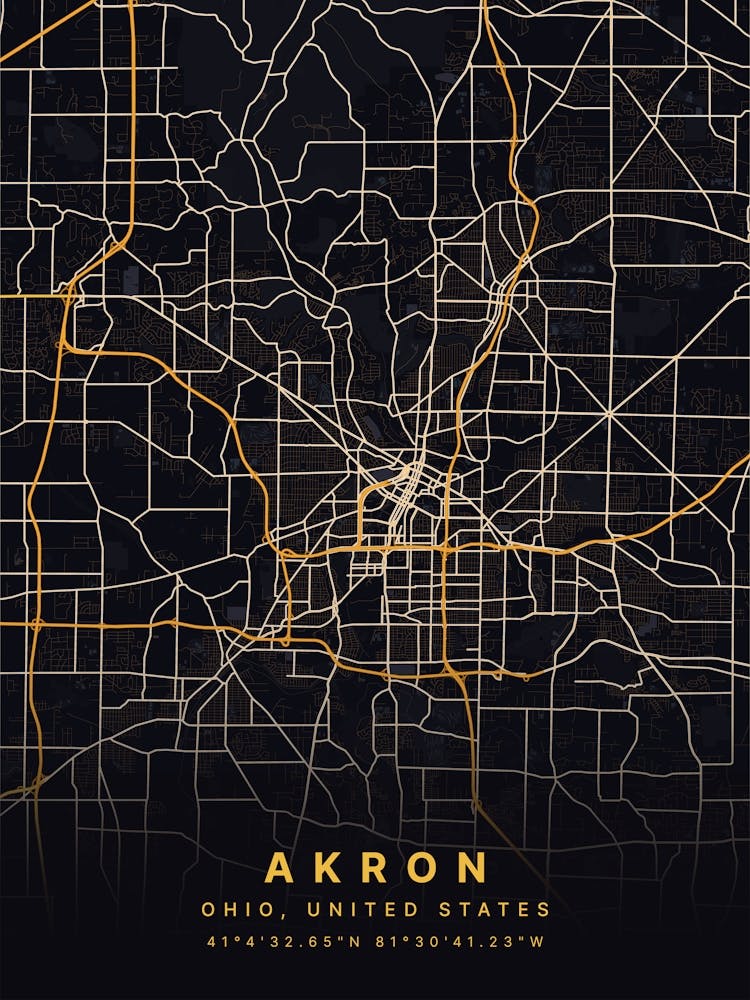 Akron Ohio United States Black And Gold Map 1
