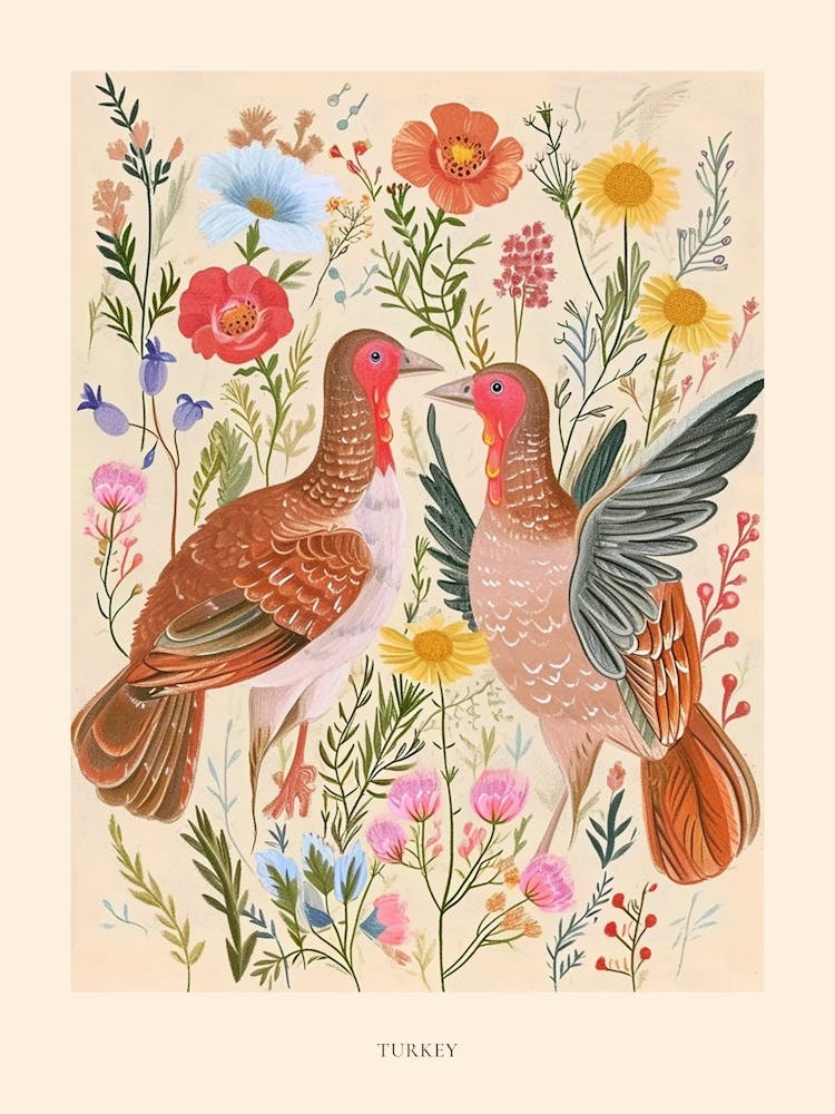 Folksy Floral Animal Drawing Turkey Poster