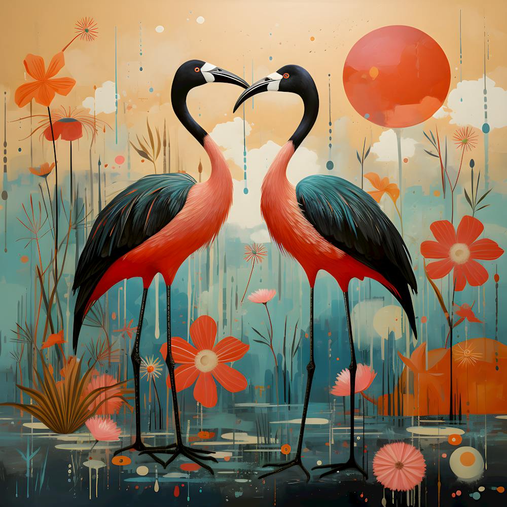 Romantic Flamingos: Modern Wildlife Art with Vibrant Flowers and Sunset