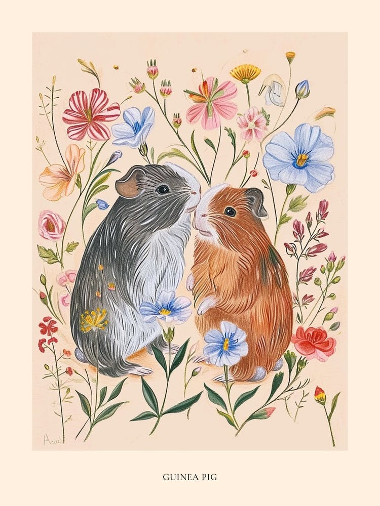 Folksy Floral Animal Drawing Guinea Pig 2 Poster