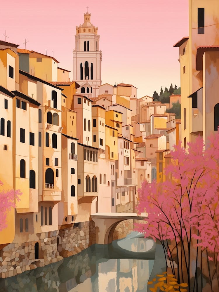 Girona Spain 1 Vintage Pink Travel Illustration