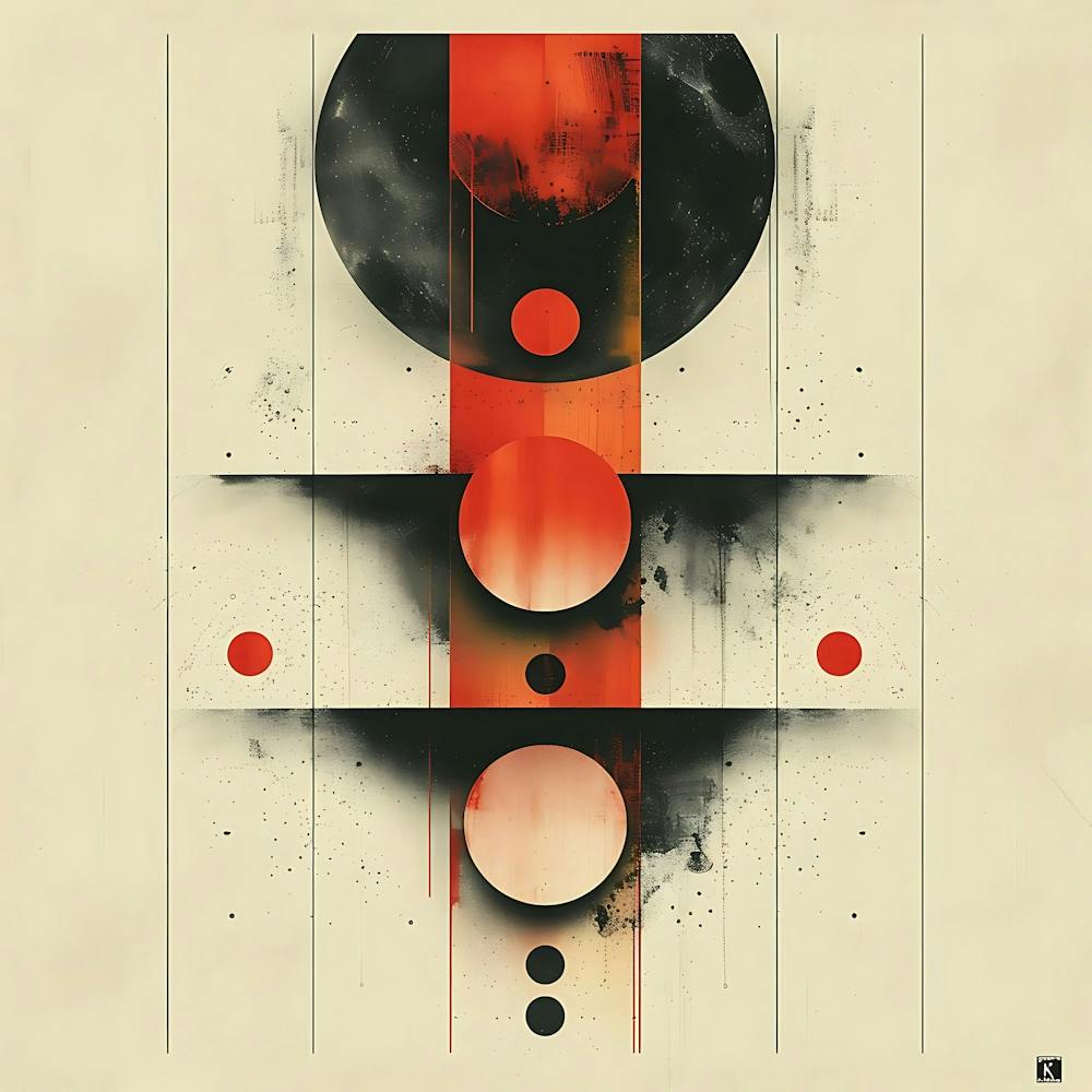 Abstract Geometric Art With Red And Black Circles Vertical Lines And Grunge Textures On Beige Background