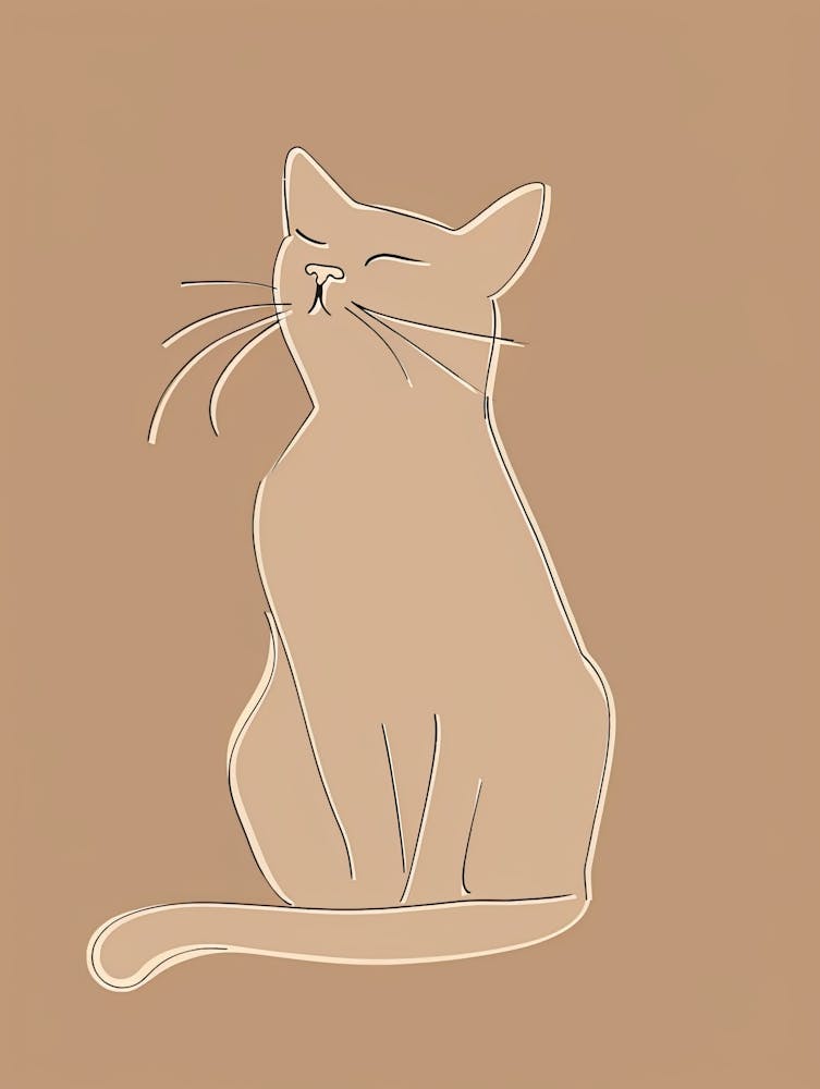 Cat Sitting On A Brown Background - Boho, Line Art