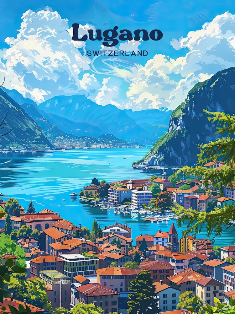 Lugano Switzerland Vibrant Travel Illustration