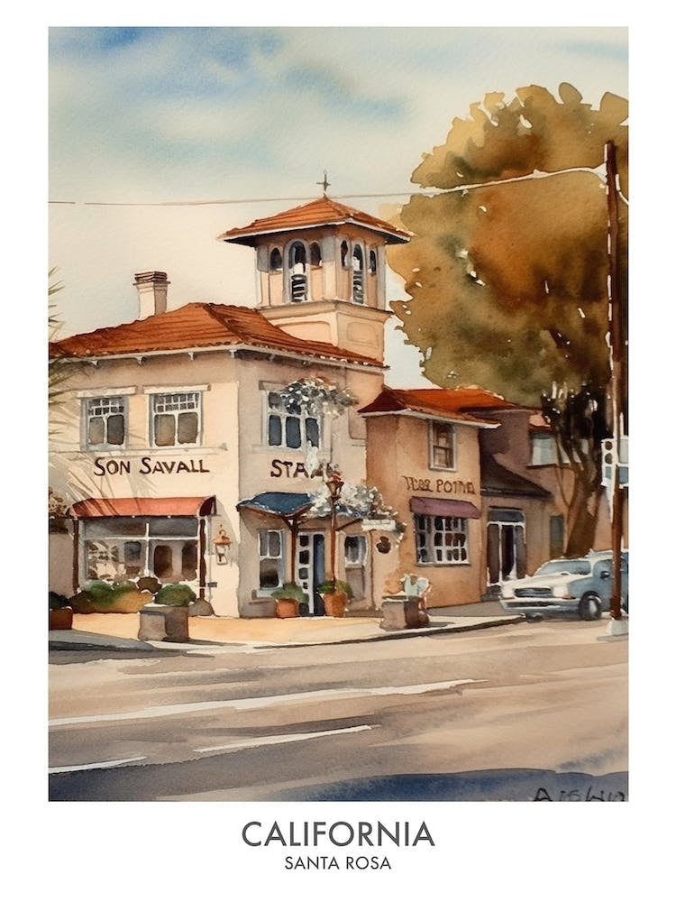 Santa Rosa, California 4 Watercolor Travel Poster