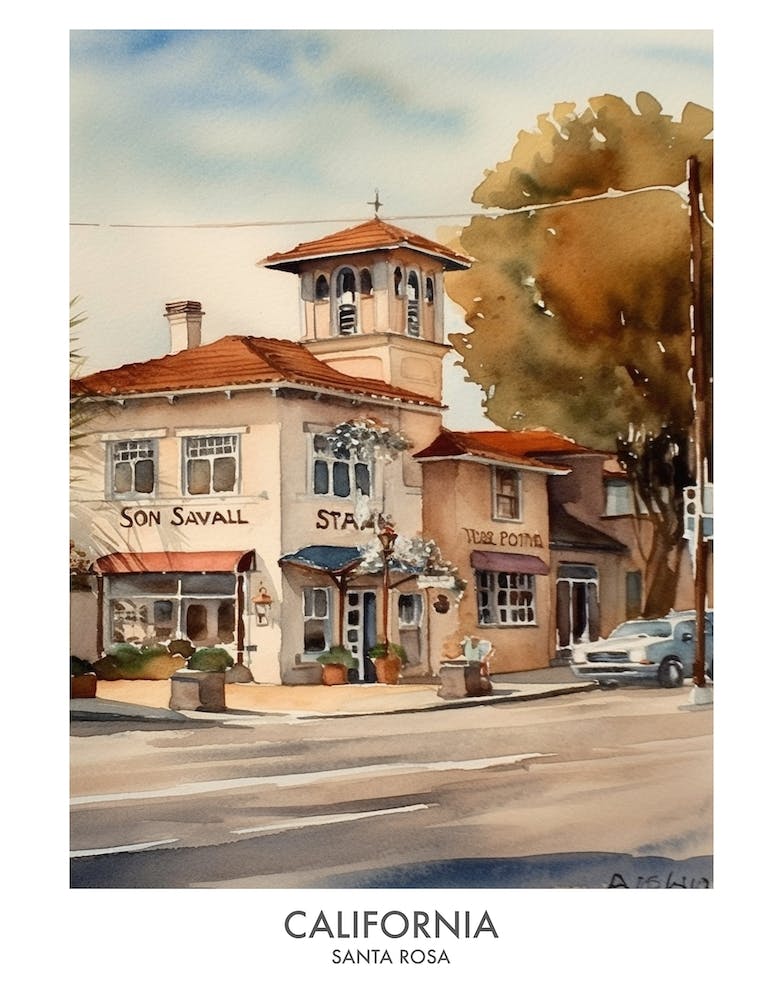 Santa Rosa, California 4 Watercolor Travel Poster