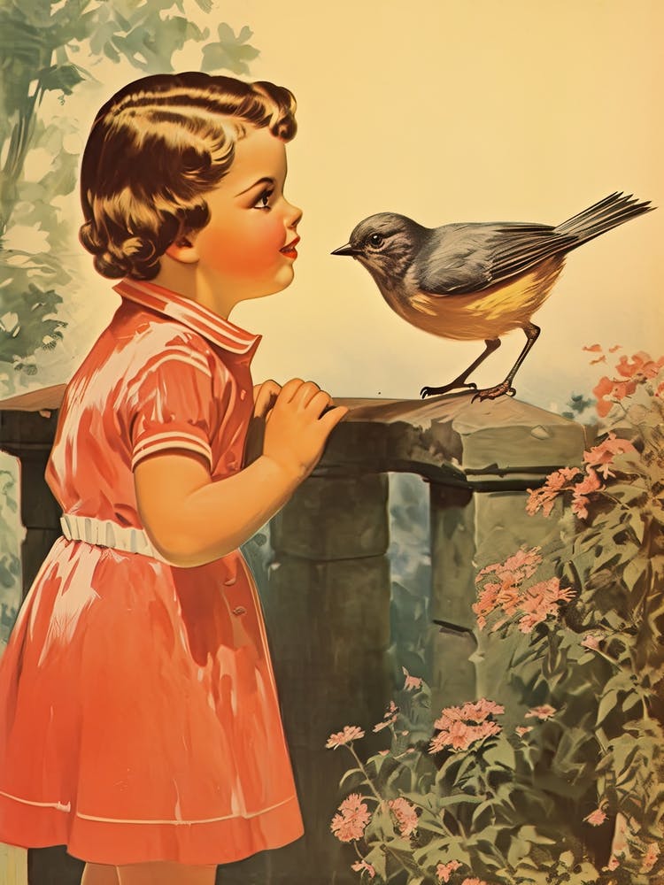Vintage Retro Kids With Bird Illustration Kitsch 5