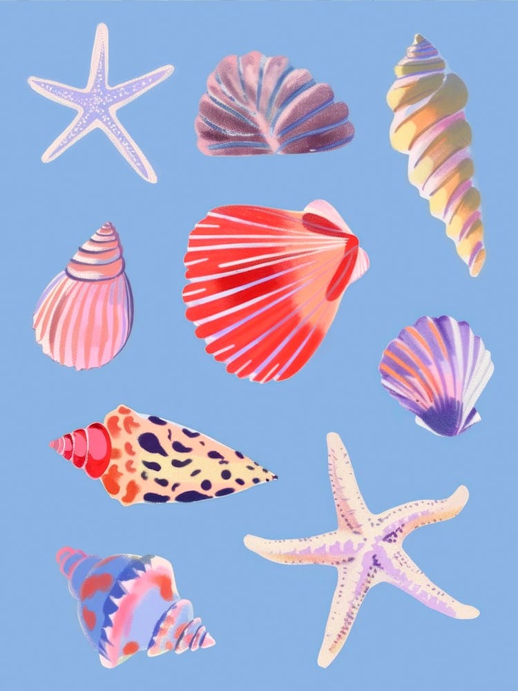 Seashells on the Blue. Vintage illustration