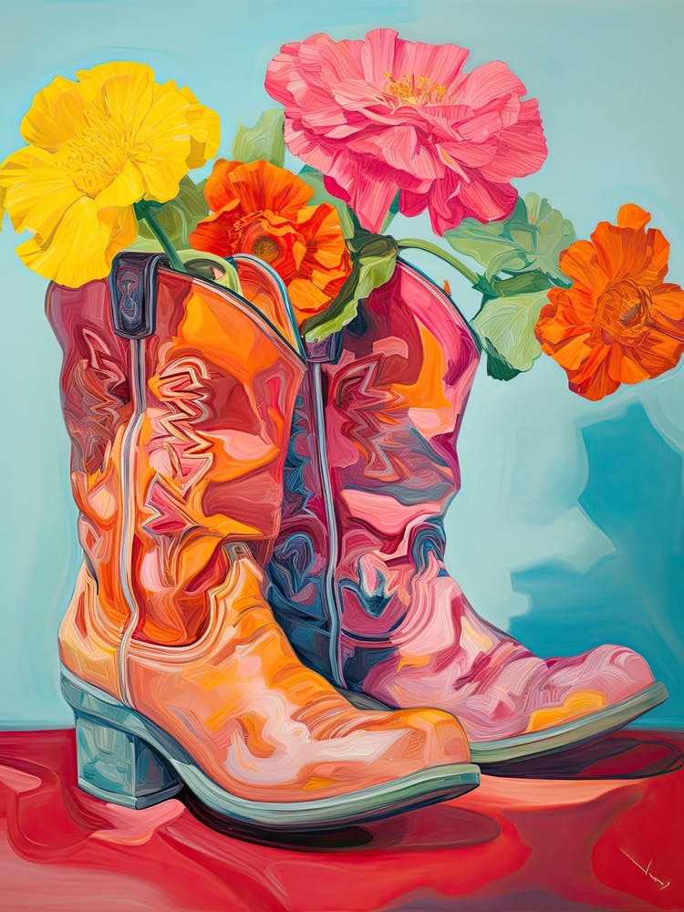 Oil Painting Of Colourful Flowers And Cowboy Boots, Oil Style 3