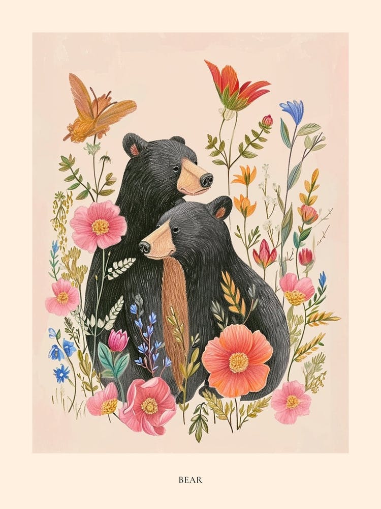 Folksy Floral Animal Drawing Bear 7 Poster