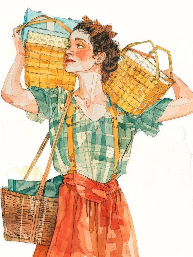 Illustration Of A Woman Carrying Baskets