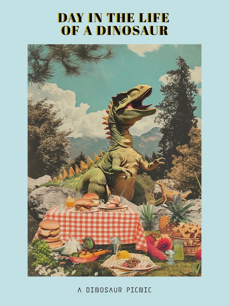 Dinosaur Having A Picnic Retro Collage 2 Poster