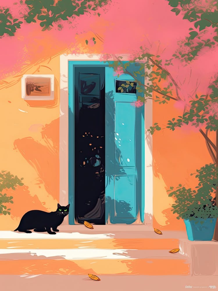 Black Cat Mediterranean Door Pink Wall