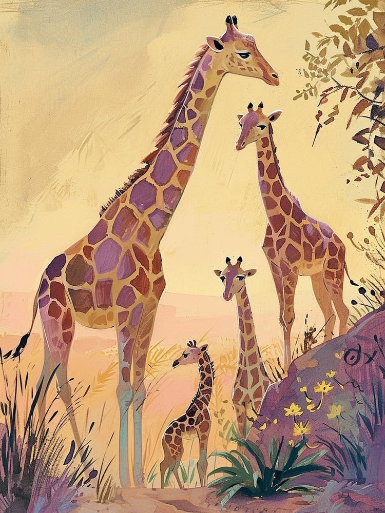 Giraffe Family Yellow & Lilac Watercolour Style
