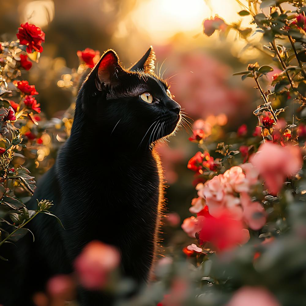 Black Cat in a Floral Sunset Garden 13